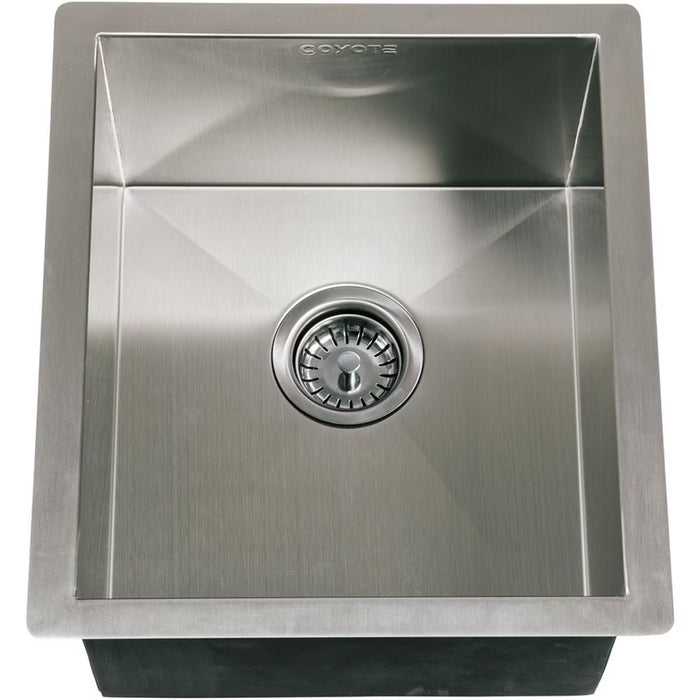 Stono Outdoor Living The Coyote Sink - Universal Mount (C1SINK1618) is a square stainless steel sink with a centered drain and strainer, featuring modern edges and a smooth finish—perfect for built-in use in indoor or outdoor kitchens.