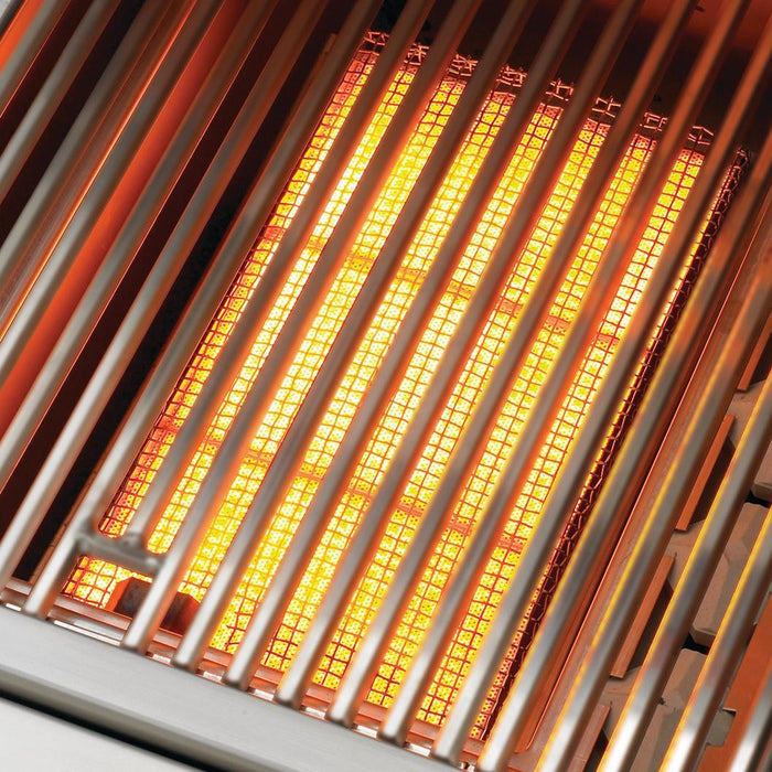 Stono Outdoor Living Close-up of a Delta Heat 38-Inch 3-Burner Built-In Propane Gas Grill (DHBQ38RS-DL) with glowing orange sear zone and infrared rotisserie burner, showing the stainless steel grill is turned on and producing heat.