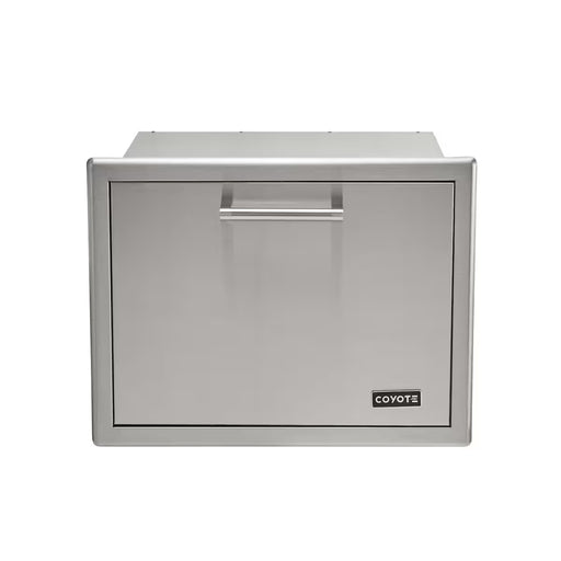 Stono Outdoor Living The Coyote 26" Pull Out Ice Chest (C3-CPOC) is a stainless steel outdoor kitchen drawer with a handle, built-in ice storage, and the Coyote logo on the bottom right corner.