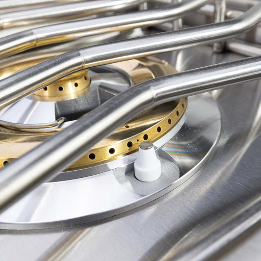 Stono Outdoor Living The Coyote 12" Single Side Burner in Natural Gas (C3SBNG) features durable stainless steel and brass components, metal grates, and an ignition button—ideal as a built-in addition to any outdoor kitchen.