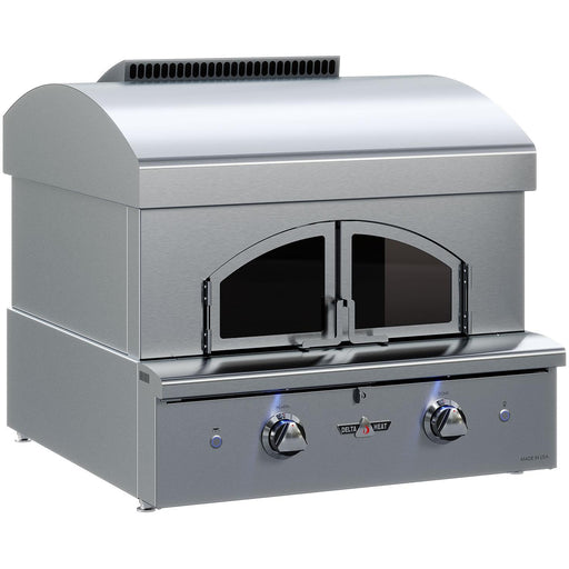 Stono Outdoor Living The Delta Heat Freestanding Pizza Oven - Natural Gas (DHPO30F-N) features double glass doors, two blue-lit precision control knobs, and a curved top vent. Enjoy artisan pizza on your countertop with this modern, stainless steel oven by Delta Heat.