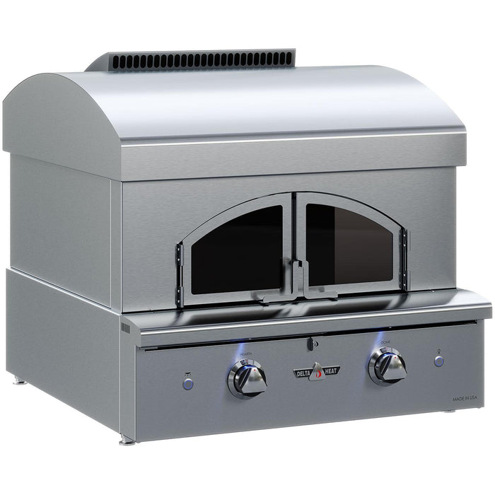 Stono Outdoor Living The Delta Heat Freestanding Pizza Oven - Propane (DHPO30F-L) features a stainless steel curved top, double glass doors, two control knobs with blue lights, and precision temperature controls on the front panel.