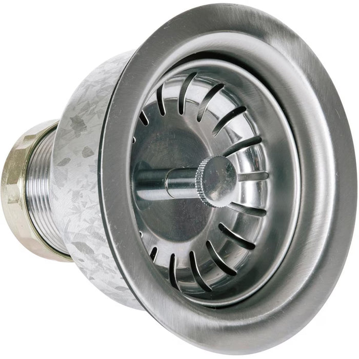 Stono Outdoor Living A close-up of the Coyote Sink - Universal Mount (No Faucet) - C1SINK1618 shows its stainless steel drain strainer with a central knob, circular holes, and a threaded metal fitting for built-in or outdoor kitchen sinks.