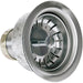 Stono Outdoor Living A close-up of the Coyote Sink - Universal Mount (No Faucet) - C1SINK1618 shows its stainless steel drain strainer with a central knob, circular holes, and a threaded metal fitting for built-in or outdoor kitchen sinks.