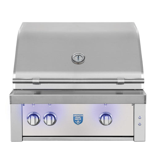 Stono Outdoor Living The American Made Grills Estate 30-Inch Grill (Natural Gas) features a stainless steel build, closed lid with built-in thermometer, three blue LED-lit control knobs, and displays the American Muscle Grill logo.