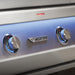 Stono Outdoor Living Close-up of a Twin Eagles Eagle One 42-Inch 3-Burner Built-In Gas Grill (TE1BQ42RS-L) stainless steel control panel featuring two blue-lit knobs and a red LED indicator above the logo.