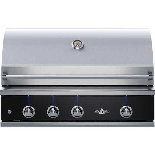 Stono Outdoor Living The Delta Heat 32-Inch 3-Burner Built-In Propane Grill w/ Rotisserie features a stainless steel build, closed lid, built-in temperature gauge, and five illuminated control knobs on a black panel.