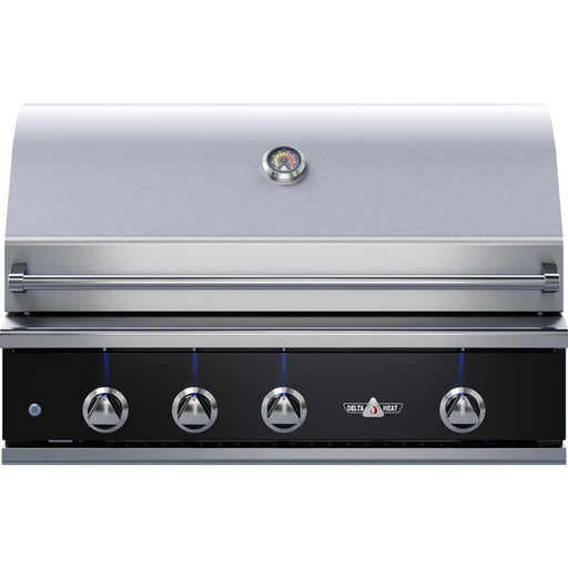 Stono Outdoor Living The Delta Heat 38-Inch 3-Burner Built-In Natural Gas Grill w/ Rotisserie (DHBQ38R-KN) features a stainless steel body, temperature gauge, and five blue-lit knobs on a sleek black panel—perfect for premium outdoor cooking.