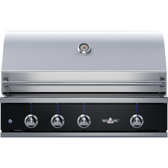 Stono Outdoor Living The Delta Heat 38-Inch 3-Burner Built-In Natural Gas Grill w/ Rotisserie (DHBQ38R-KN) features a stainless steel body, temperature gauge, and five blue-lit knobs on a sleek black panel—perfect for premium outdoor cooking.