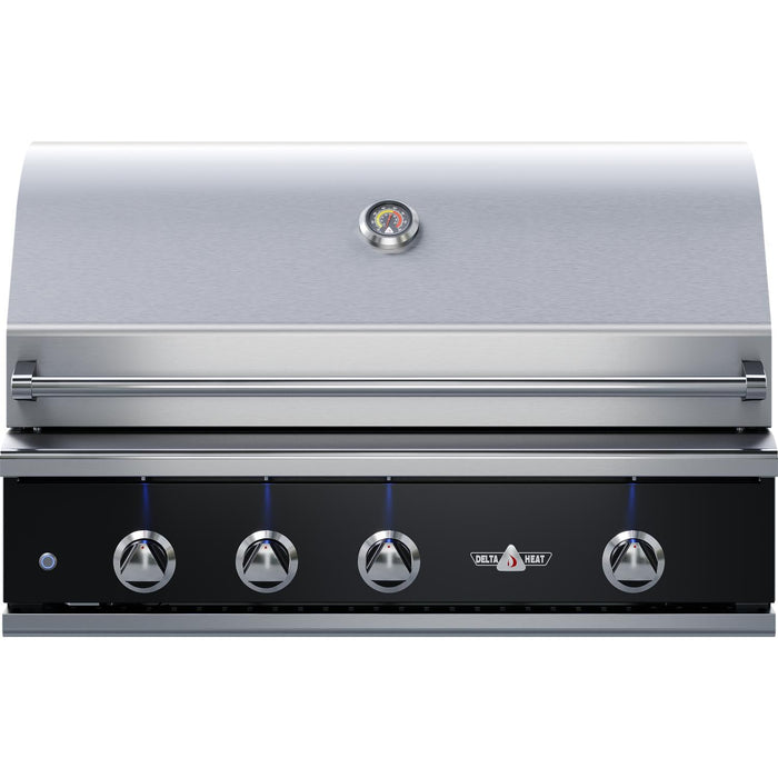 Stono Outdoor Living The Delta Heat 32-Inch 3-Burner Built-In Natural Gas Grill (DHBQ32RS-KN) features a sleek black control panel, sear zone, rotisserie, lid temperature gauge, modern design, and blue LED-lit knobs with the Delta Heat logo on the front.