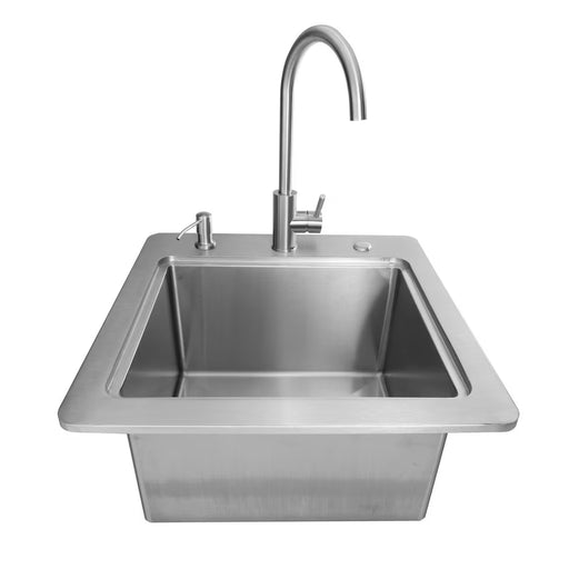 Stono Outdoor Living The Coyote 21" Sink & Faucet, Drain, Soap Dispenser (C3SINKF21) features a built-in stainless steel rectangular basin with a high-arched faucet and soap dispenser, shown from above on a white background.