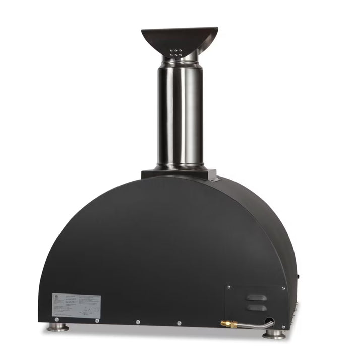 Stono Outdoor Living The Coyote 30" Hybrid Multi-Fuel Outdoor Oven in Matte Black (C1PZ30HMBLP) features a rounded top, stainless steel chimney, adjustable metal feet, and a gas connection—perfect for wood-fired flavor in your outdoor kitchen.