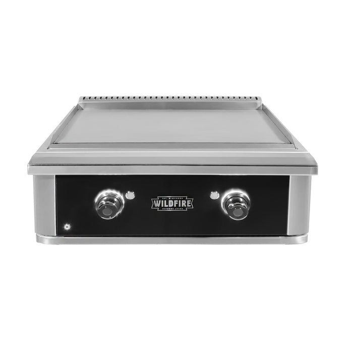 Stono Outdoor Living Front view of the Wildfire Outdoor Living Ranch Pro 30" Griddle 304 Black SS Propane grill with two control knobs, stainless steel burners, and center Wildfire logo—perfect for any outdoor kitchen.