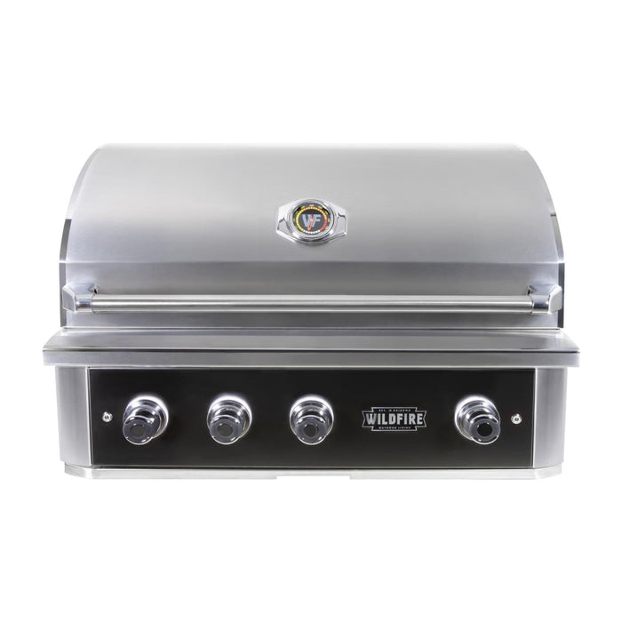 Stono Outdoor Living Front view of the Wildfire Ranch Pro 30" Gas Grill 304 Black SS Natural Gas by Wildfire Outdoor Living, featuring four control knobs and a temperature gauge on the closed lid—ideal for any outdoor kitchen.