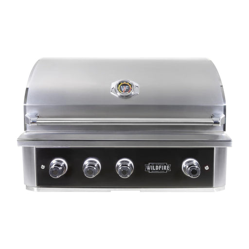 Stono Outdoor Living The Wildfire Outdoor Living Ranch Pro 36" Gas Grill (WFPRO36G-BSS-LP) in black stainless steel features four control knobs, a lid-mounted temperature gauge, and durable cast stainless steel burners for reliable outdoor grilling.