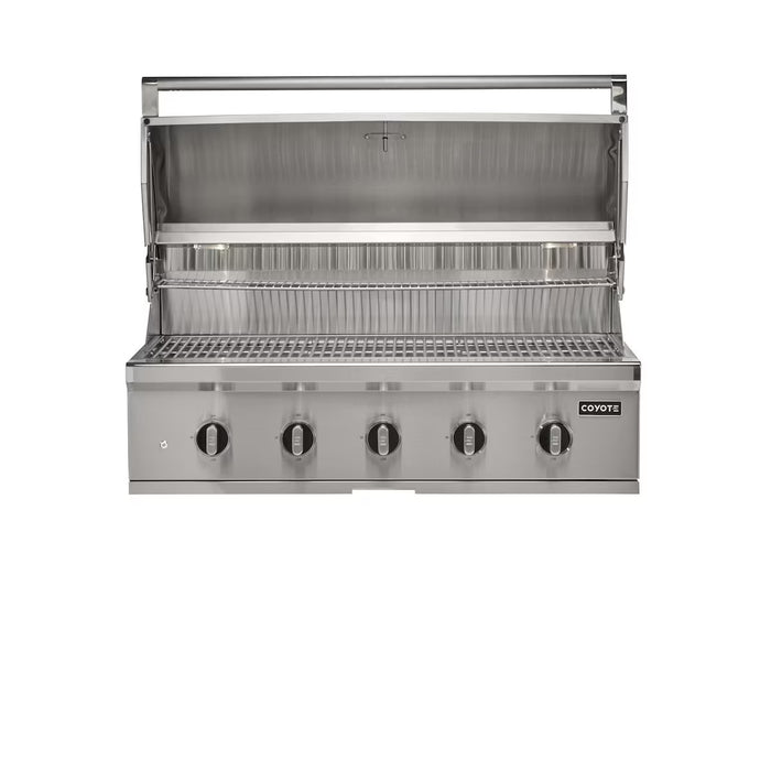 Stono Outdoor Living The Coyote 42" CL-Series Grill (C3CL42NG) features five burners, stainless steel construction, an open lid with grill rack, and visible Coyote branding—perfect for outdoor kitchens.
