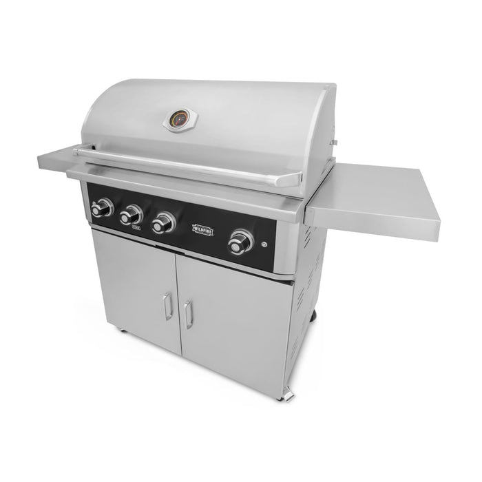 Stono Outdoor Living The Wildfire Ranch Pro 36-in 3 Burner Black 304 SS Natural Gas Grill by Wildfire Outdoor Living features three stainless steel burners, a built-in thermometer, side shelves, and a double-door storage cabinet on a white background.