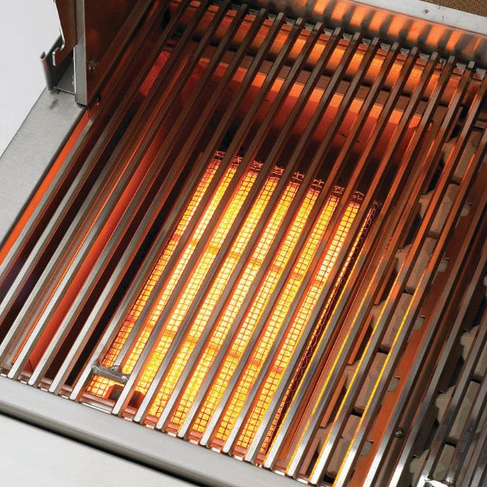 Stono Outdoor Living A close-up of the Twin Eagles 36-Inch 3-Burner Built-In Propane Gas Grill (TEBQ36G-CL) shows a glowing infrared burner, part of its Five-Part Grilling System for exceptional heat and precise cooking, a hallmark of Twin Eagles grills.