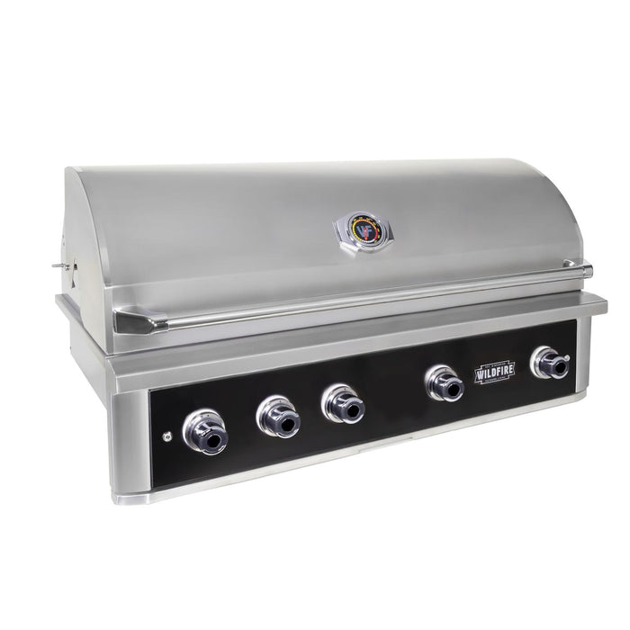 Stono Outdoor Living The Wildfire Ranch Pro 42" Gas Grill by Wildfire Outdoor Living features black stainless steel, a closed lid, four front knobs, and built-in temperature gauge—ideal as a propane outdoor kitchen grill for your next barbecue.