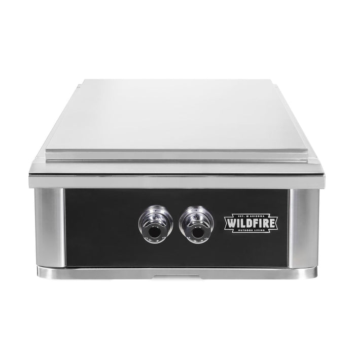 Stono Outdoor Living The Wildfire Outdoor Living Ranch Pro Power Burner 304 Black SS Propane (WFPOWBRN-BSS-LP) features stainless steel burners, two front control knobs, and a flat top surface—ideal for any outdoor kitchen.