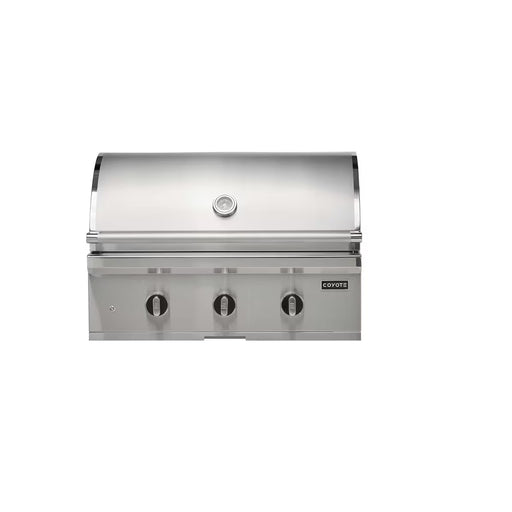 Stono Outdoor Living The Coyote 34" C-Series Grill (C3C34NG) is a stainless steel, 3-burner natural gas grill with a closed lid, three control knobs, and a built-in temperature gauge, featuring the Coyote brand name on the front panel against a white background.