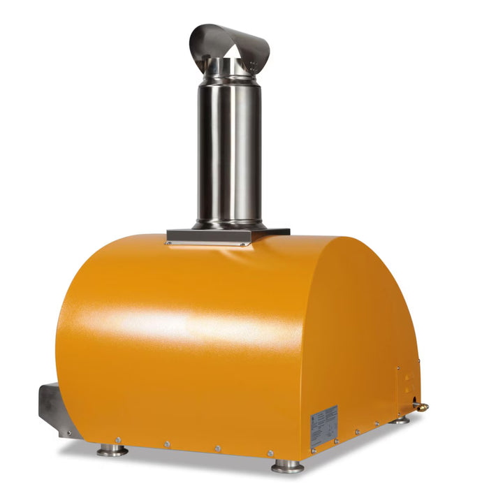 Stono Outdoor Living The Coyote 30" Hybrid Multi-Fuel Outdoor Oven in Yellow (C1PZ30HYLP) features a sleek stainless steel chimney and bold yellow shell, delivering authentic wood-fired flavor to your outdoor kitchen on a crisp white backdrop.