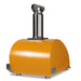 Stono Outdoor Living The Coyote 30" Hybrid Multi-Fuel Outdoor Oven in Yellow (C1PZ30HYLP) features a sleek stainless steel chimney and bold yellow shell, delivering authentic wood-fired flavor to your outdoor kitchen on a crisp white backdrop.
