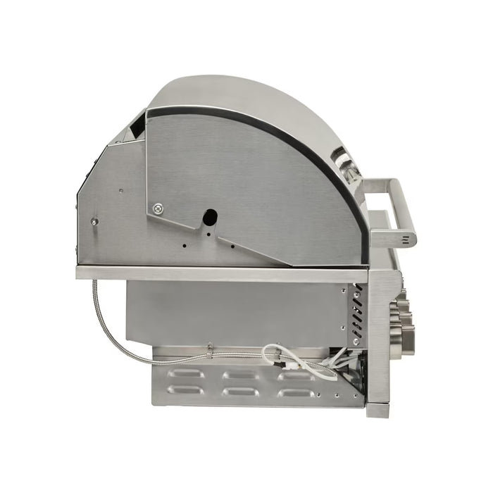 Stono Outdoor Living Side view of the Coyote 42" CL-Series Grill, 5 Burner in Natural Gas (C3CL42NG) with curved lid, handle, control knobs, and gas line connection—ideal as a built-in outdoor kitchen grill by Coyote, shown isolated on white.