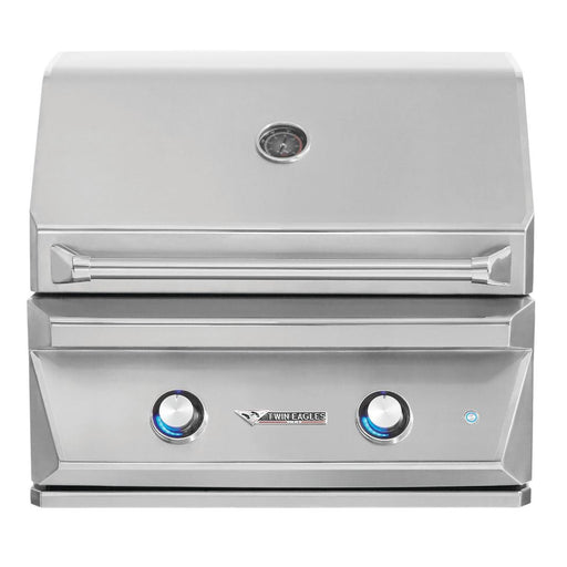Stono Outdoor Living The Twin Eagles 30-Inch 2-Burner Built-In Propane Gas Grill (TEBQ30R-CL) features illuminated blue control knobs, a built-in temperature gauge, infrared rotisserie burner, modern stainless steel design, and powerful burners.