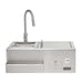 Stono Outdoor Living The Coyote 30" Refreshment Center w/ Sink, Faucet, and DI Cooler (C3RC) boasts a tall faucet, built-in sink, covered compartment, paper towel holder, bottle opener & drawer—an essential outdoor kitchen station proudly displaying the Coyote logo.