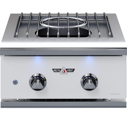 Stono Outdoor Living The Delta Heat 22-Inch Built-In Natural Gas Power Burner (model DHPW22-WN) features a white control panel, two knobs with blue indicator lights, a central 60,000 BTU burner beneath a metal grate, and the Delta Heat logo between the knobs.