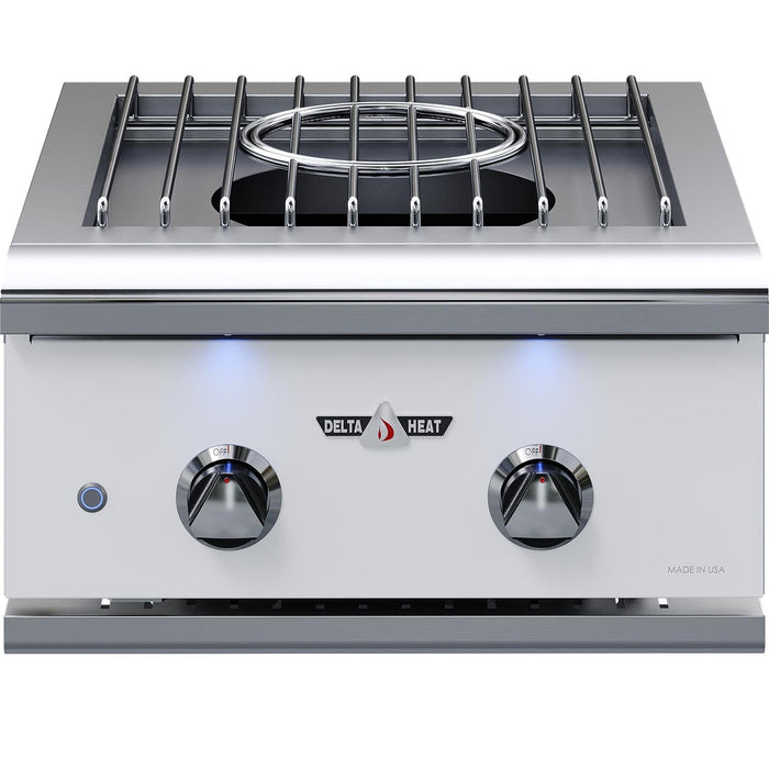 Stono Outdoor Living The Delta Heat 22-Inch Built-In Natural Gas Power Burner (model DHPW22-WN) features a white control panel, two knobs with blue indicator lights, a central 60,000 BTU burner beneath a metal grate, and the Delta Heat logo between the knobs.