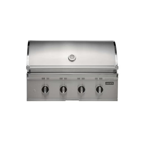 Stono Outdoor Living The Coyote 36" CL-Series Grill (C3CL36NG) features 4 burners, a built-in lid thermometer, four control knobs, and durable 304 stainless steel—perfect for outdoor cooking.