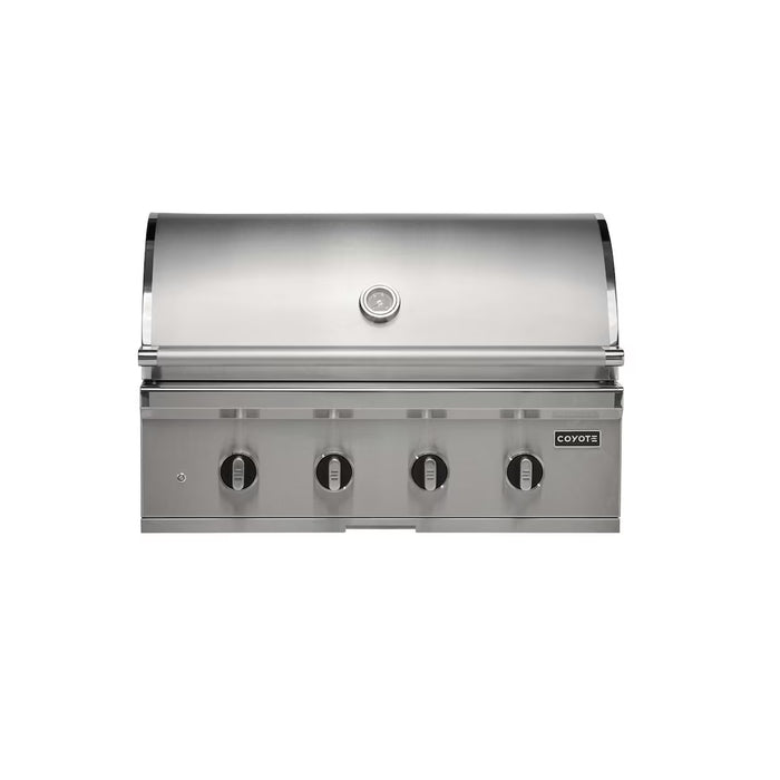 Stono Outdoor Living The Coyote 36" CL-Series Grill (C3CL36LP) is a 4-burner propane built-in grill in 304 stainless steel with closed lid, four control knobs, built-in thermometer, and Coyote branding on the front panel, perfect for outdoor cooking.
