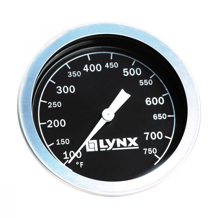 Stono Outdoor Living A round Lynx temperature gauge with black face, silver rim, and white markings is designed for the Lynx 30" Built-In Grill w/ Rotisserie in SS (L30R-3-NG). Displays 100°F–750°F; needle shows ~440°F—ideal for grille and rotisserie use.