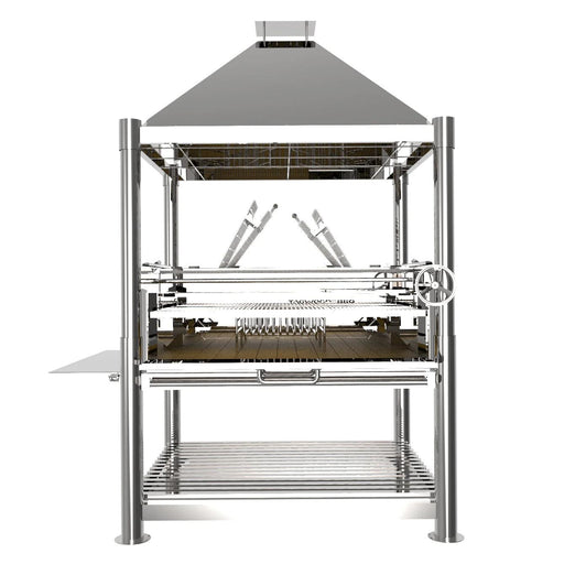 Stono Outdoor Living The Tagwood BBQ XL Argentine Stainless Steel Wood Fire & Charcoal Grill (BBQ22SS) features a chimney hood, adjustable grate with crank wheel, side shelf, and lower storage rack—ideal for wood & charcoal grilling.