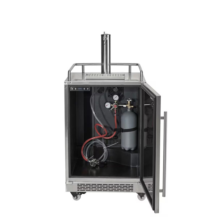 Stono Outdoor Living The Coyote 24" Outdoor Kegerator (C124KEG) features a glass door displaying internal components like a CO2 tank, regulator, and beer lines—ideal for serving draft beverages outdoors with this stainless steel refrigerator on wheels.