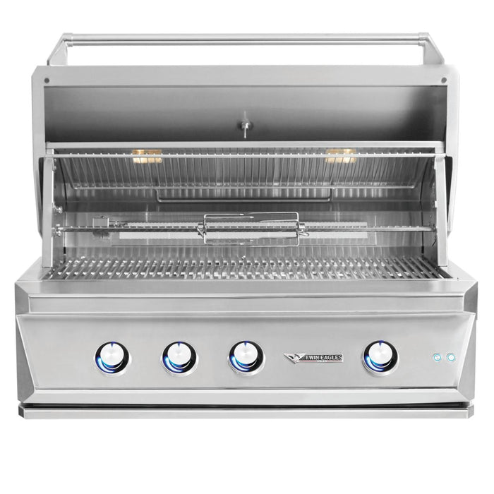 Stono Outdoor Living The Twin Eagles 42-Inch 3-Burner Built-In Propane Gas Grill (TEBQ42RS-CL) features a Five-Part Grilling System, sear zone, infrared rotisserie burner, four control knobs, built-in lights, and an open hood showing the grill grate and warming rack.