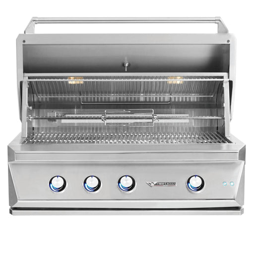 Stono Outdoor Living The Twin Eagles 36-Inch 3-Burner Built-In Natural Gas Grill (TEBQ36R-CN) features stainless steel burners, interior lights, an infrared rotisserie burner, three control knobs, and an advanced Five-Part Grilling System for precision cooking.