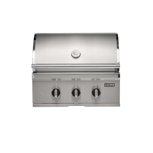 Stono Outdoor Living The Coyote 30" SL-Series Grill (C3SL30NG) is a stainless steel natural gas grill with LED lights, ceramic burners, grilling safety features, a temperature gauge on the lid, and the Coyote logo—perfect for outdoor kitchens.