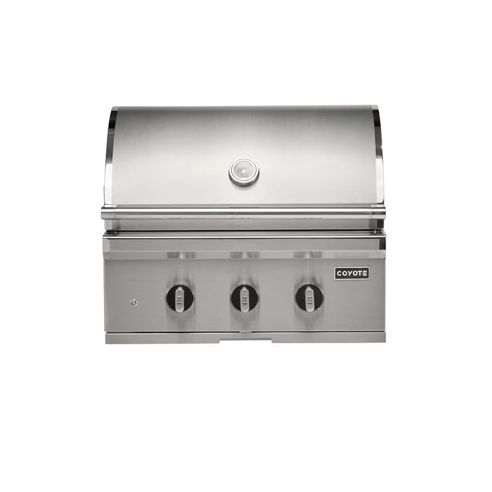 Stono Outdoor Living The Coyote 30" SL-Series Grill (C3SL30NG) is a stainless steel natural gas grill with LED lights, ceramic burners, grilling safety features, a temperature gauge on the lid, and the Coyote logo—perfect for outdoor kitchens.