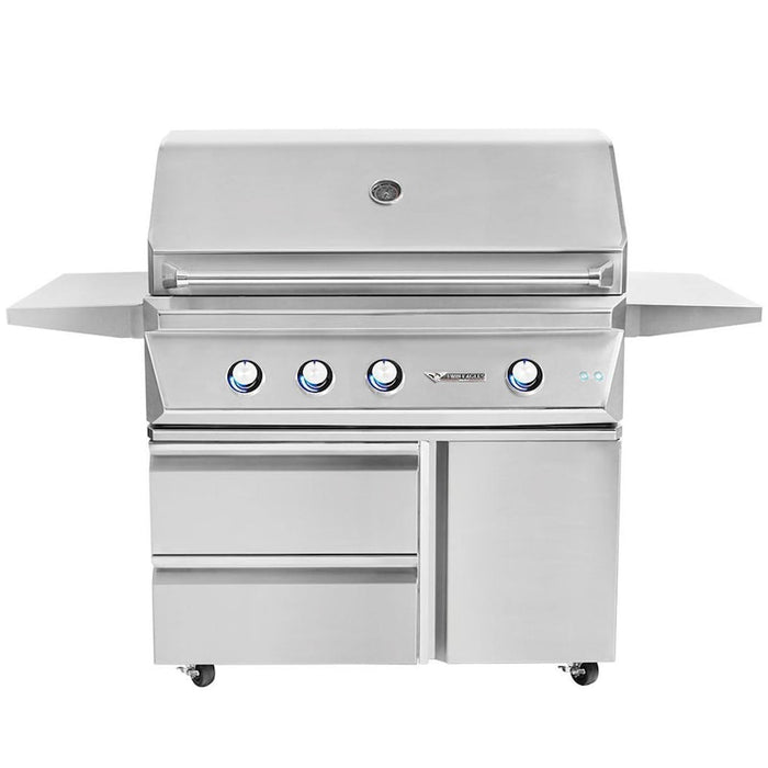 Stono Outdoor Living The Twin Eagles 54-Inch 4-Burner Built-In Propane Gas Grill (TEBQ54RS-CL) features the signature Five-Part Grilling System, four control knobs, two lower drawers, two cabinet doors, and double side shelves against a plain white background.