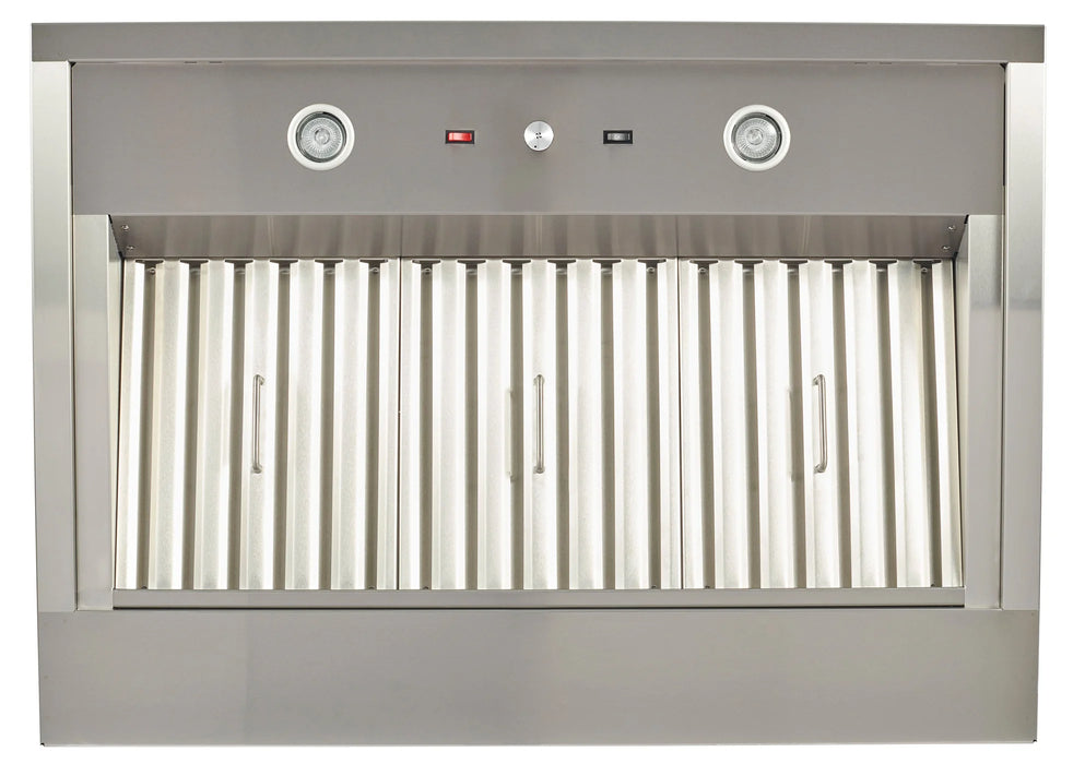 Stono Outdoor Living Front view of the Coyote 42" Outdoor Chimney Hood (C1HOOD42) in stainless steel, featuring dual circular lights, indicator lights, vertical slats, handles, and a central vent for efficient outdoor kitchen ventilation.
