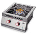 Stono Outdoor Living The Napoleon Built-In 700 Series Propane Gas Power Burner (BIB18PBPSS) features two red knobs, a metal grate, blue flame, stainless steel cover, and the Napoleon logo on the front panel. It's seamlessly integrated into your countertop.