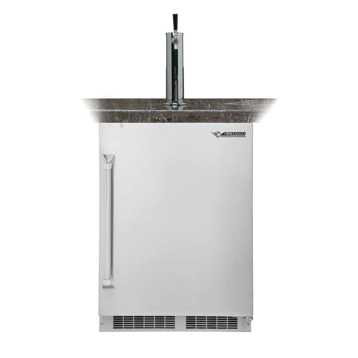 Stono Outdoor Living The Twin Eagles 24-Inch Built-In Beer Keg Dispenser (TEBK24-F) is a stainless steel, outdoor-rated kegerator with a single tap—ideal for dispensing draft beer under any white background.