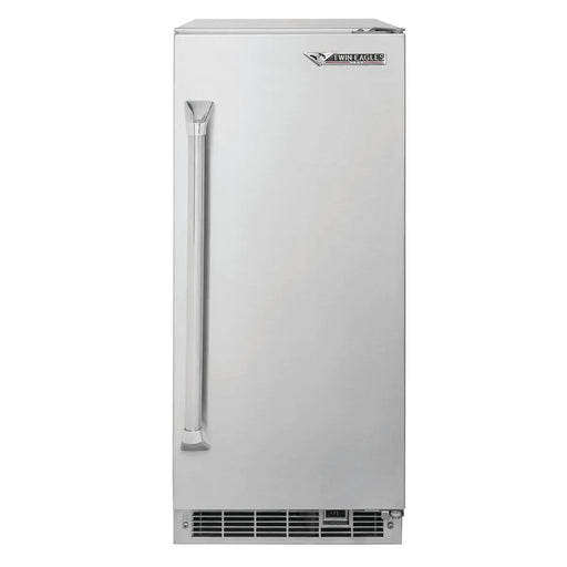 Stono Outdoor Living The Twin Eagles 15-Inch Ice Maker (TEIM15-H) features a high-capacity stainless steel design, sleek vertical handle, and bottom vent, making it perfect for modern kitchens or bars.