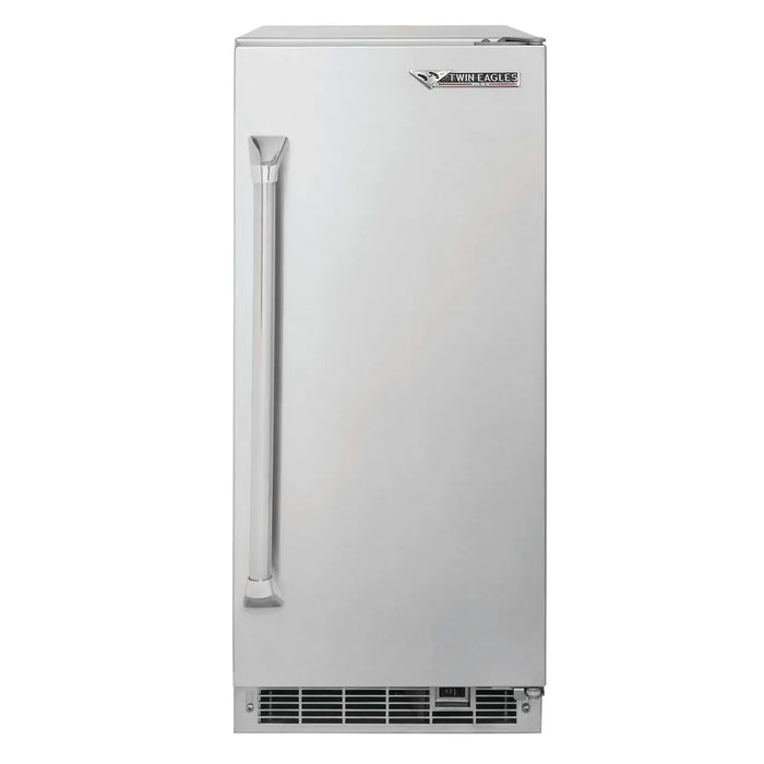 Stono Outdoor Living The Twin Eagles 15-Inch Ice Maker (TEIM15-H) features a high-capacity stainless steel design, sleek vertical handle, and bottom vent, making it perfect for modern kitchens or bars.