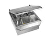 Stono Outdoor Living The Twin Eagles 24-Inch Drop-In Stainless Steel Ice Bin Cooler (TEOC24D-B) features a hinged lid and three clear condiment trays inside. This empty cooler by Twin Eagles is shown against a white background.