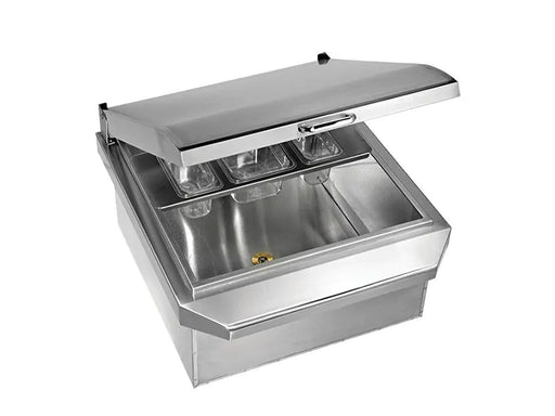 Stono Outdoor Living The Twin Eagles 24-Inch Drop-In Stainless Steel Ice Bin Cooler (TEOC24D-B) features a hinged lid and three clear condiment trays inside. This empty cooler by Twin Eagles is shown against a white background.