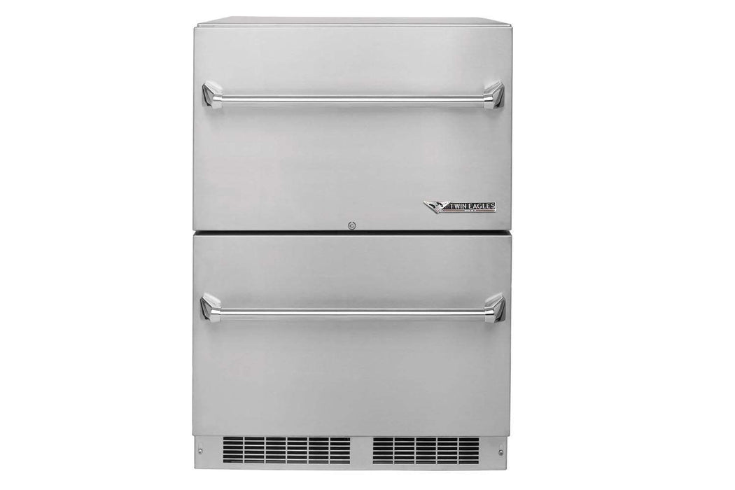 Stono Outdoor Living The Twin Eagles 24-Inch Outdoor Rated Double Drawer Refrigerator (TERD242-G) features a stainless steel exterior, horizontal handles, bottom venting, and refrigerated drawers—ideal for built-in kitchens, outdoor spaces, or commercial settings.